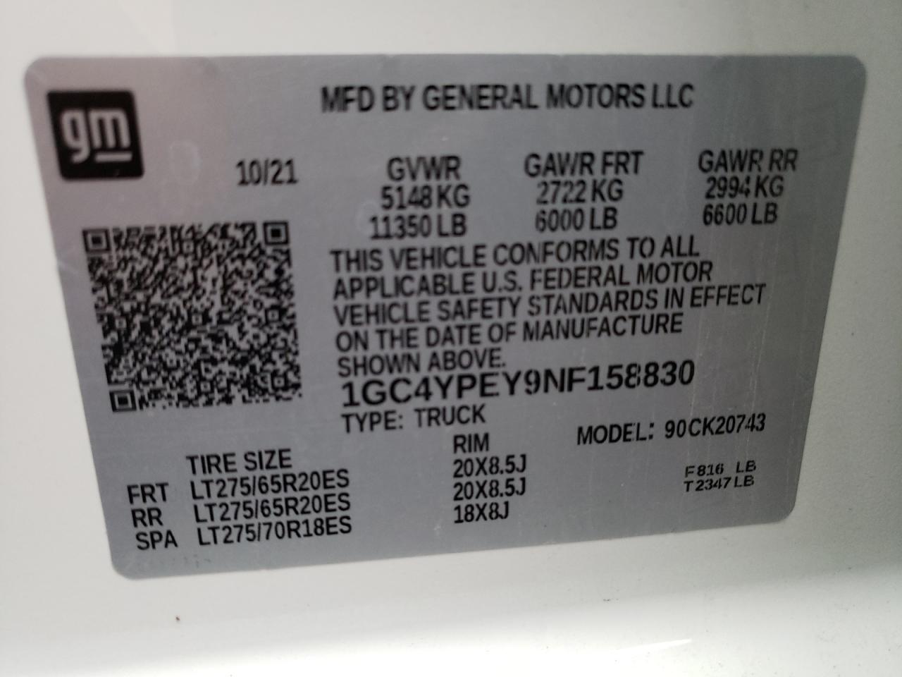 2022 CHEVROLET SILVERADO K2500 HEAVY DUTY LTZ VIN:1GC4YPEY9NF158830