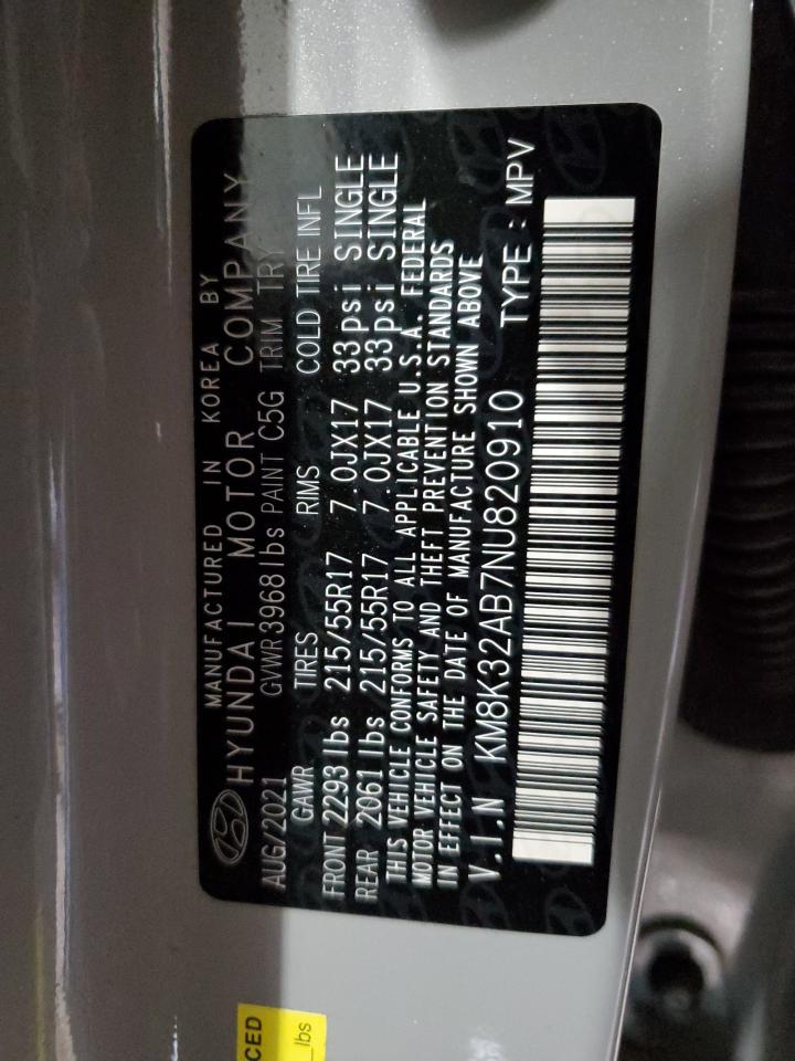 2022 HYUNDAI KONA SEL VIN:KM8K32AB7NU820910
