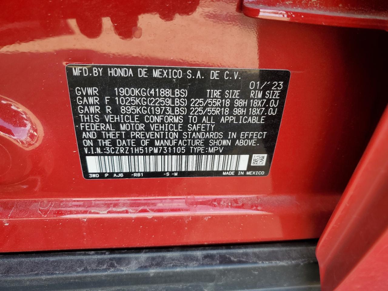 2023 HONDA HR-V SPORT VIN:3CZRZ1H51PM731105