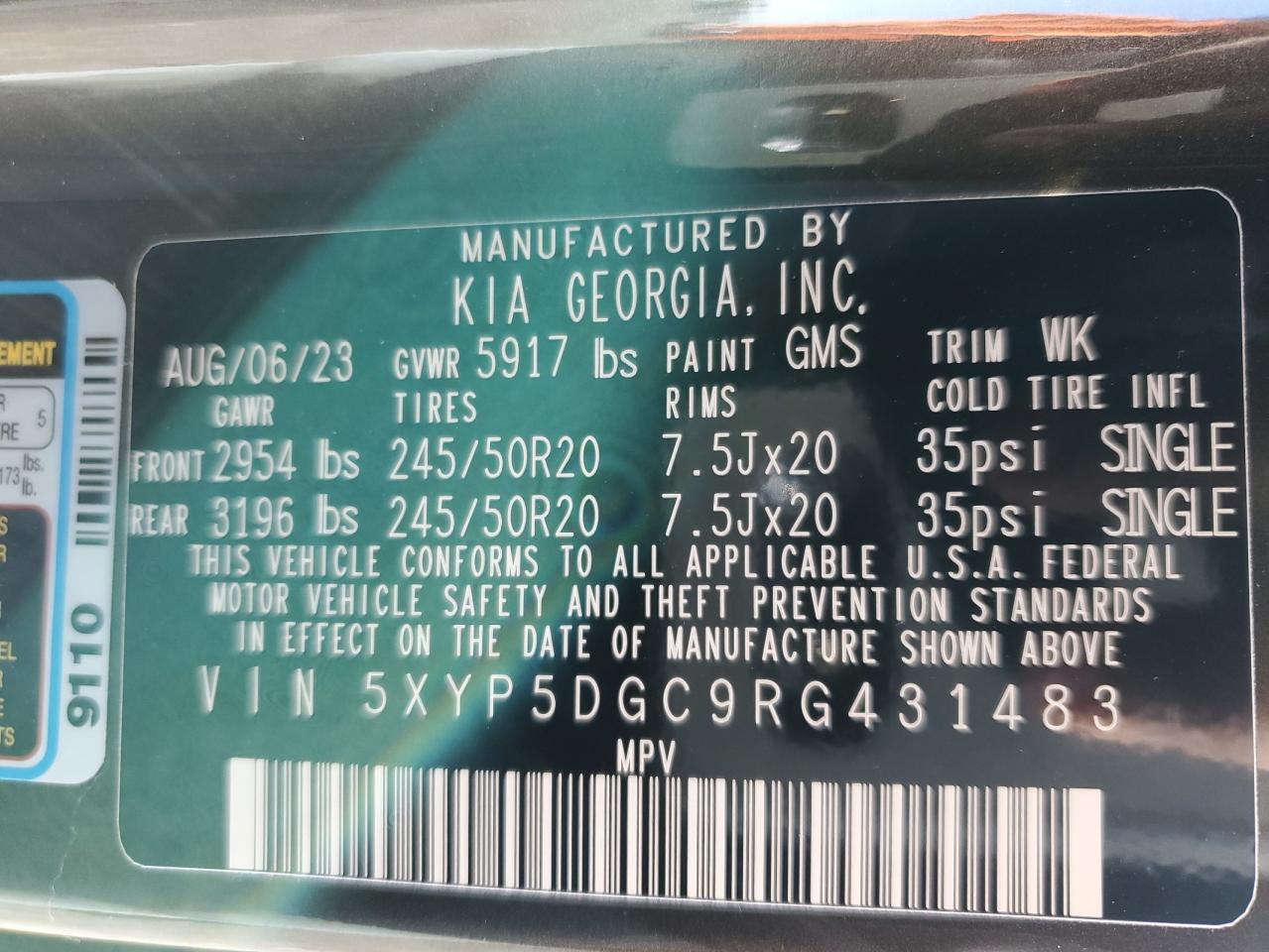 2024 KIA TELLURIDE SX VIN:5XYP5DGC9RG431483