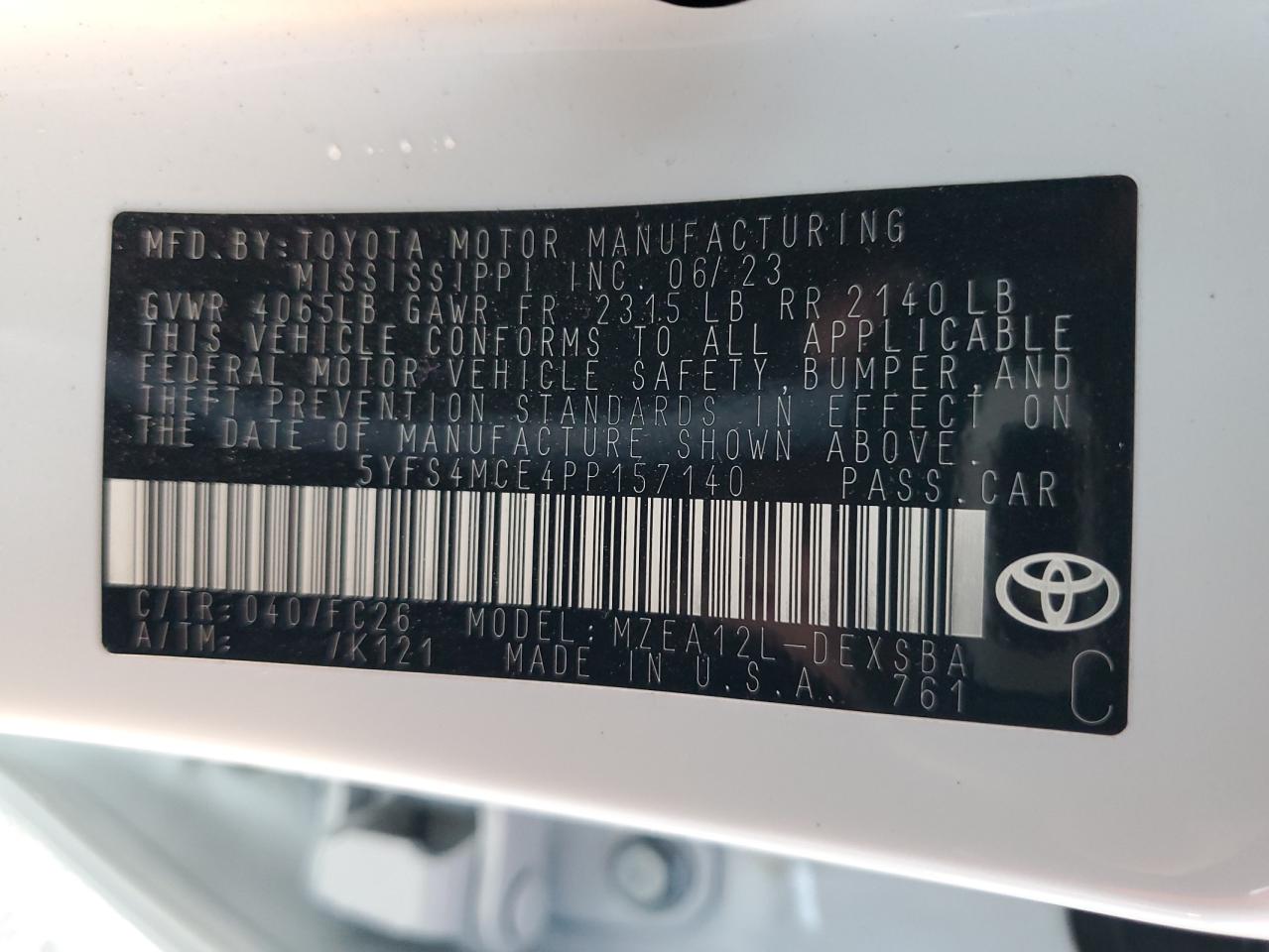 2023 TOYOTA COROLLA SE VIN:5YFS4MCE4PP157140