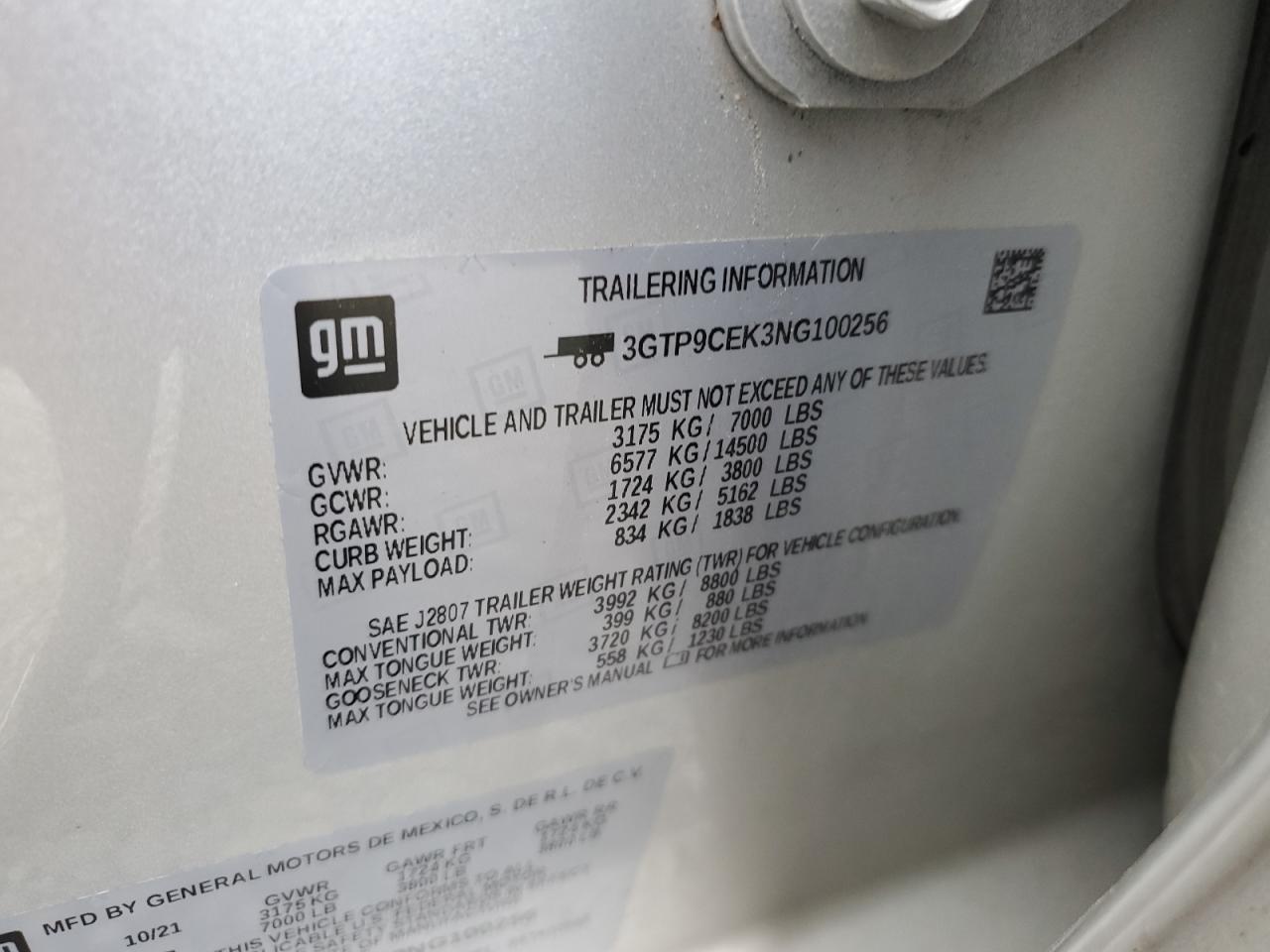 2022 GMC SIERRA LIMITED K1500 ELEVATION VIN:3GTP9CEK3NG100256