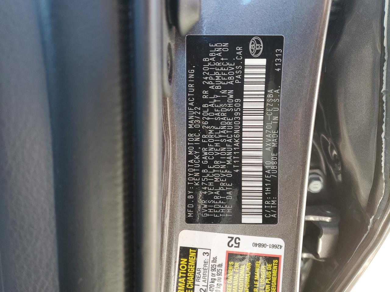 2022 TOYOTA CAMRY SE VIN:4T1T11AK6NU039509