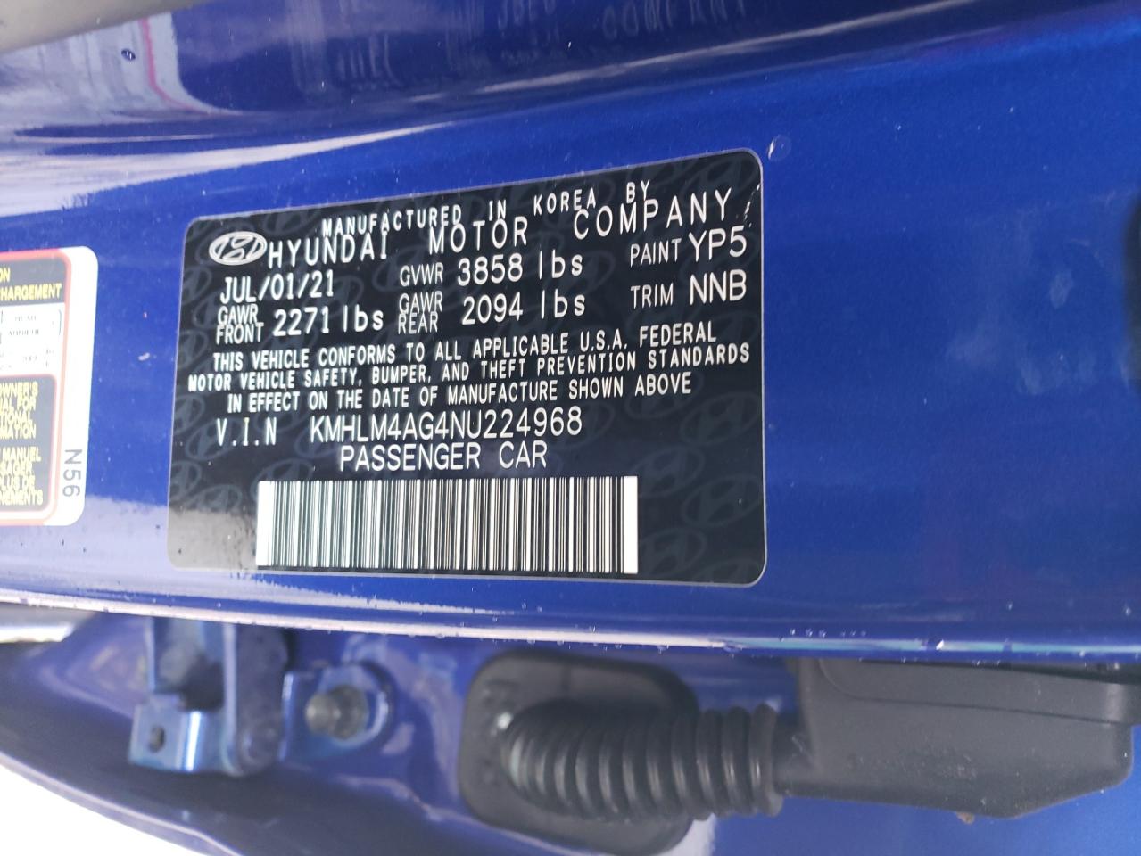 2022 HYUNDAI ELANTRA SEL VIN:KMHLM4AG4NU224968