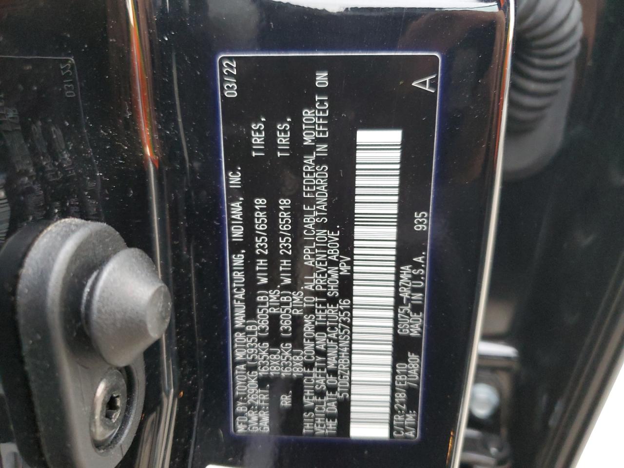 2022 TOYOTA HIGHLANDER XLE VIN:5TDGZRBH4NS573516