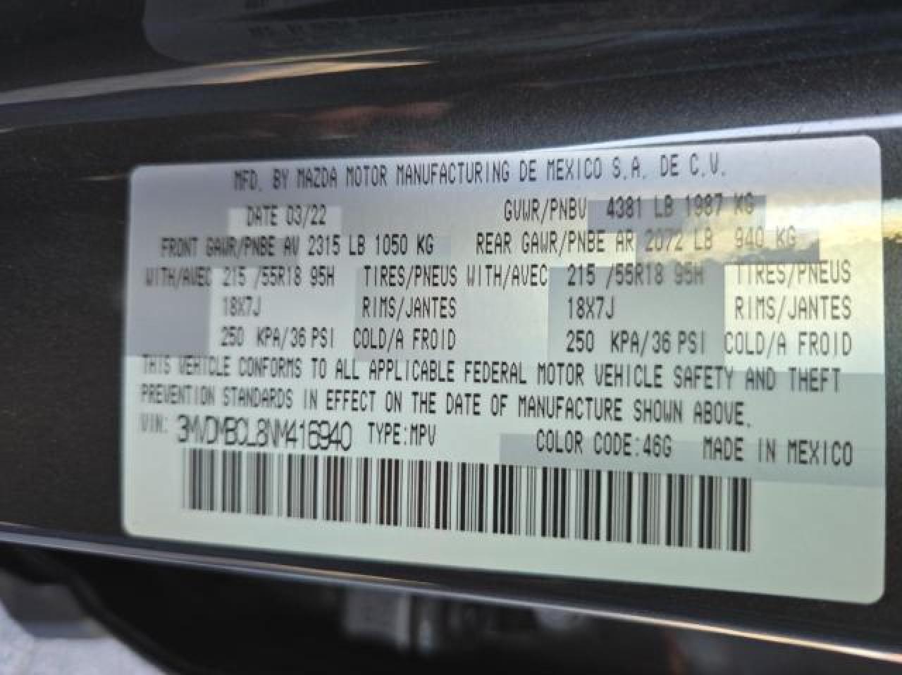 2022 MAZDA CX-30 PREFERRED VIN:3MVDMBCL8NM416940