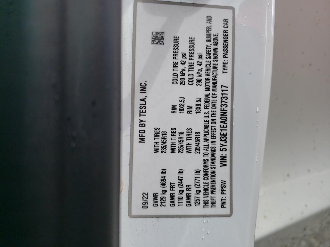 2022 TESLA MODEL 3 VIN:5YJ3E1EA0NF373117