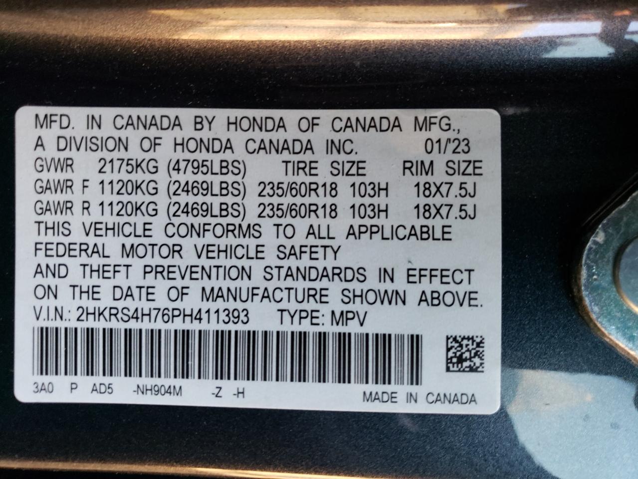 2023 HONDA CR-V EXL VIN:2HKRS4H76PH411393