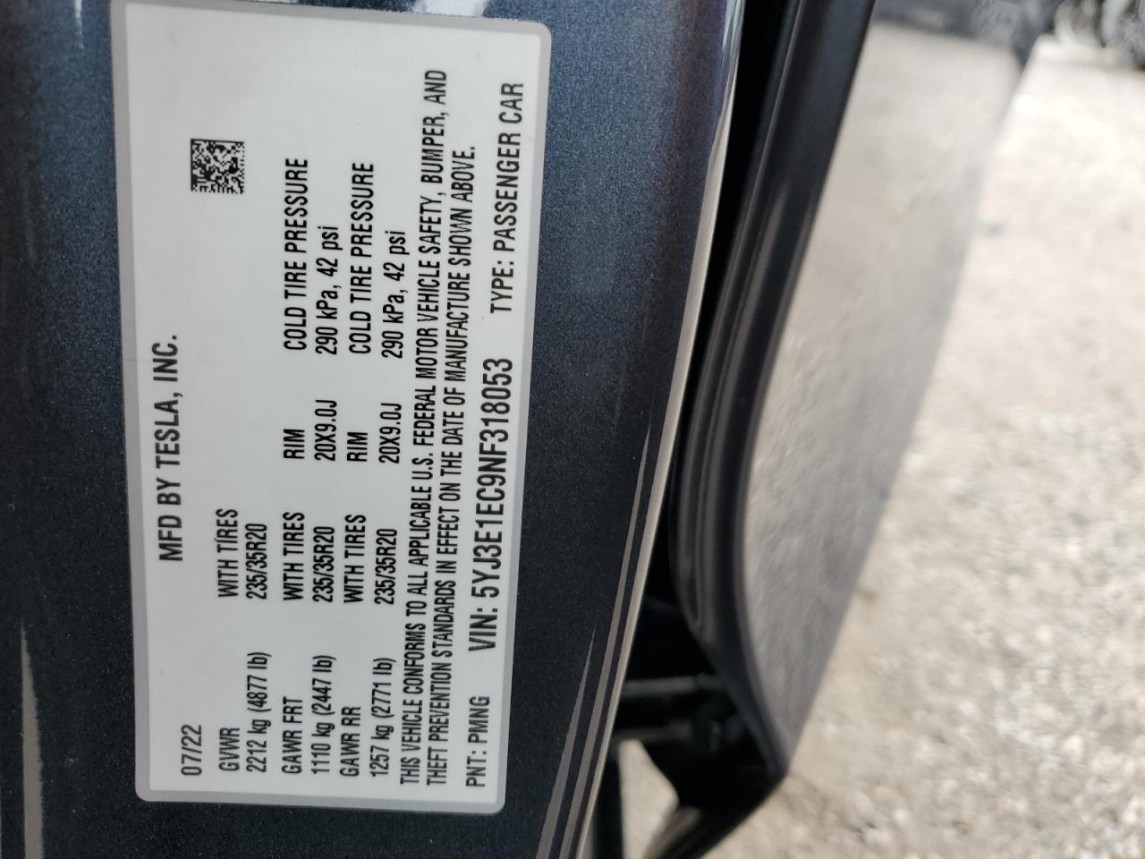 2022 TESLA MODEL 3 VIN:5YJ3E1EC9NF318053