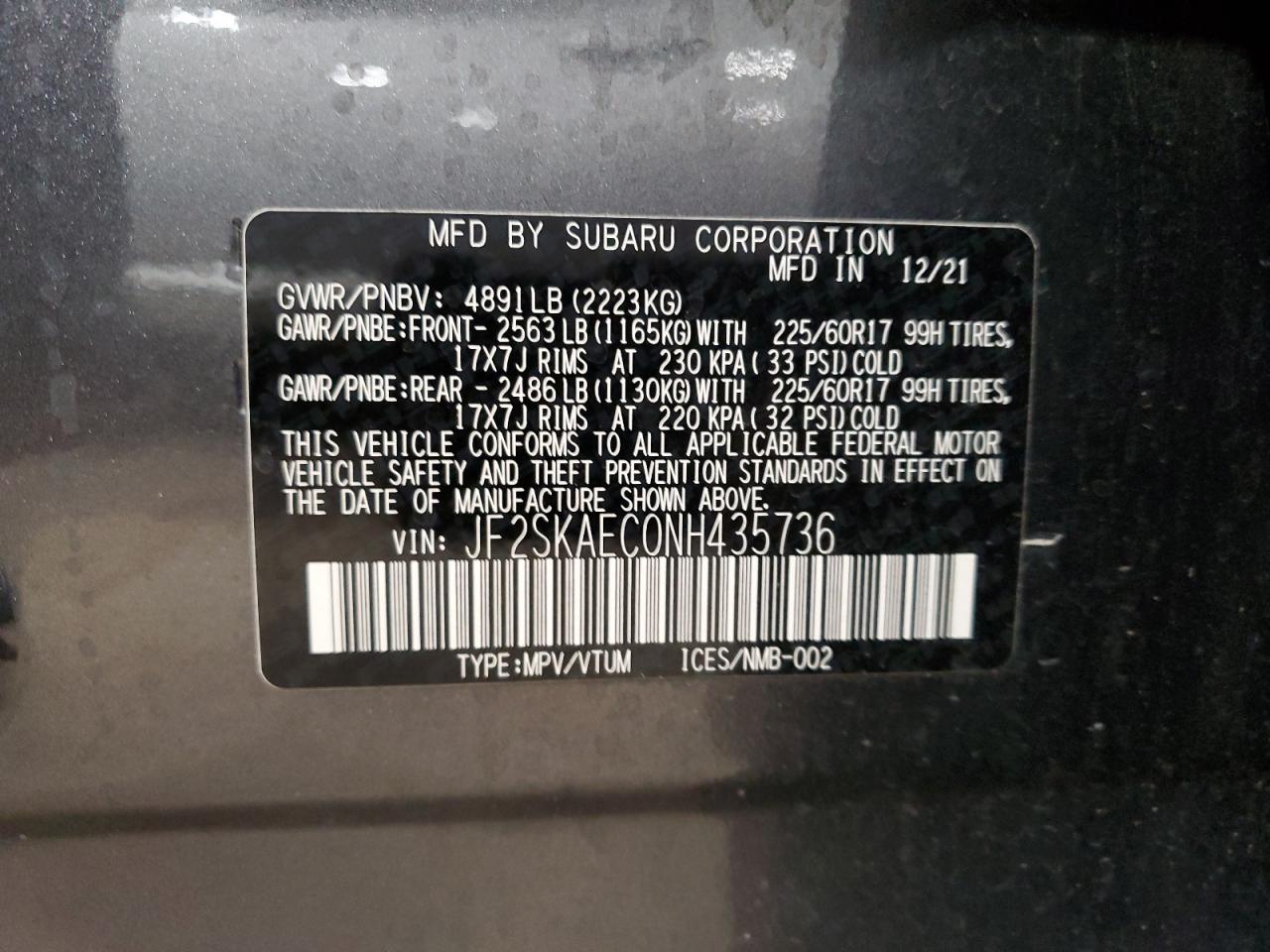 2022 SUBARU FORESTER PREMIUM VIN:JF2SKAEC0NH435736