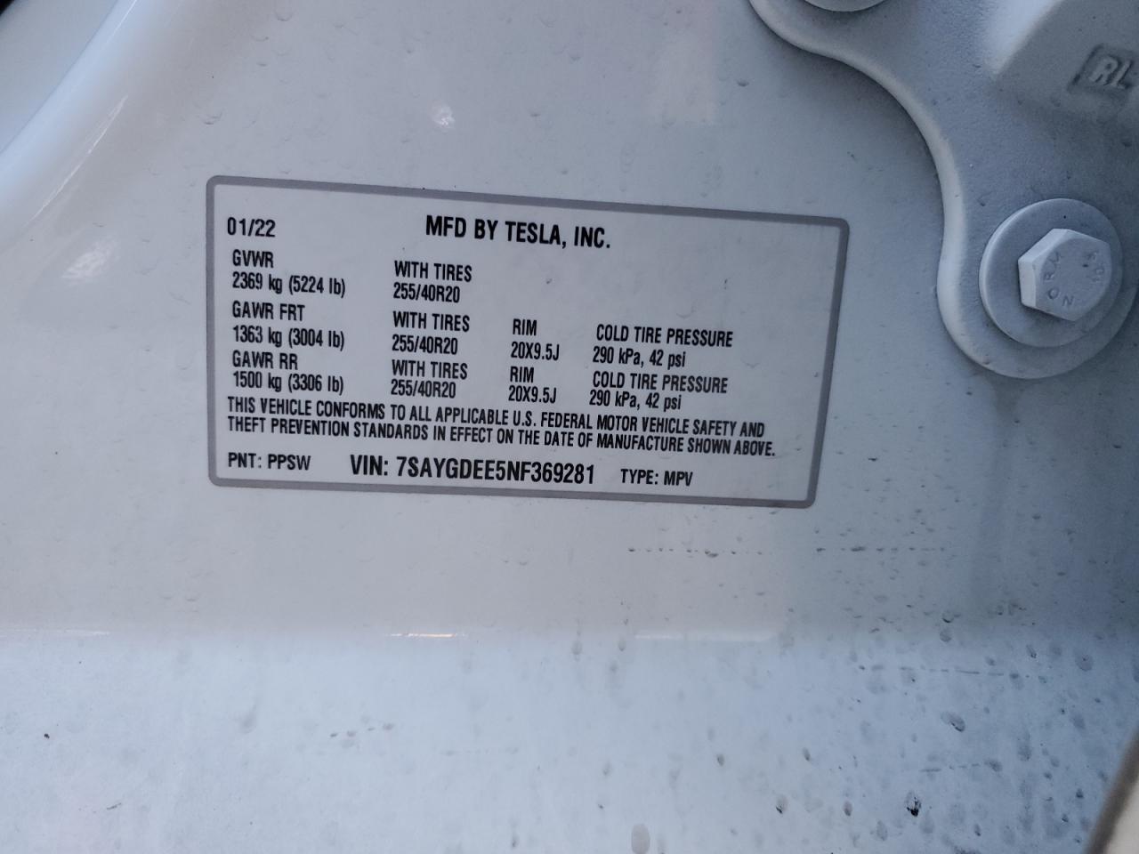 2022 TESLA MODEL Y VIN:7SAYGDEE5NF369281