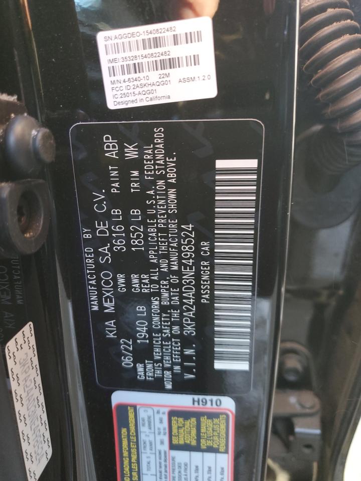 2022 KIA RIO LX VIN:3KPA24AD3NE498524