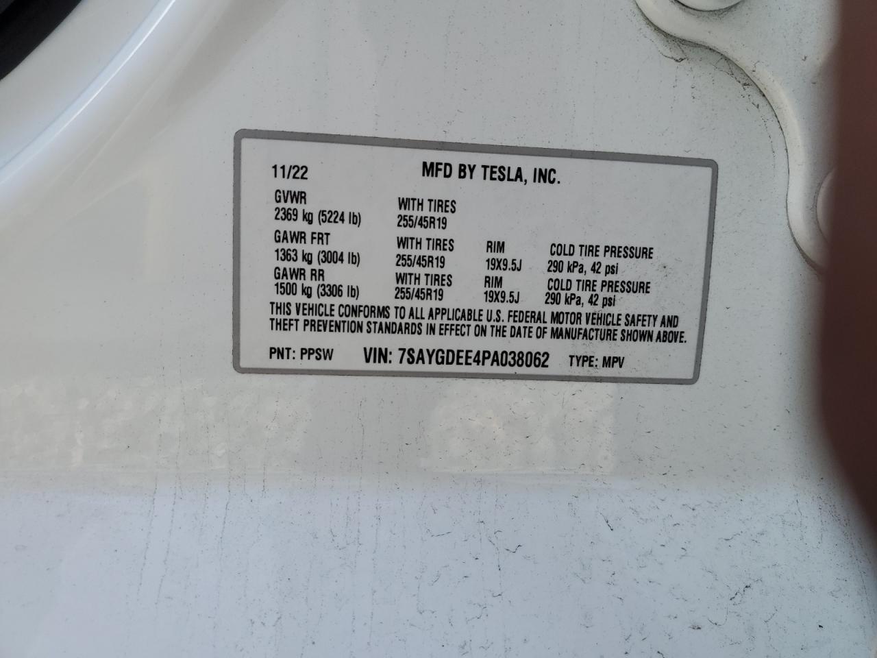 2023 TESLA MODEL Y VIN:7SAYGDEE4PA038062