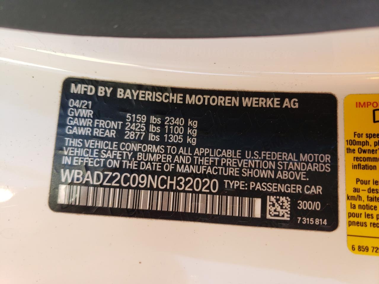 2022 BMW 840I VIN:WBADZ2C09NCH32020