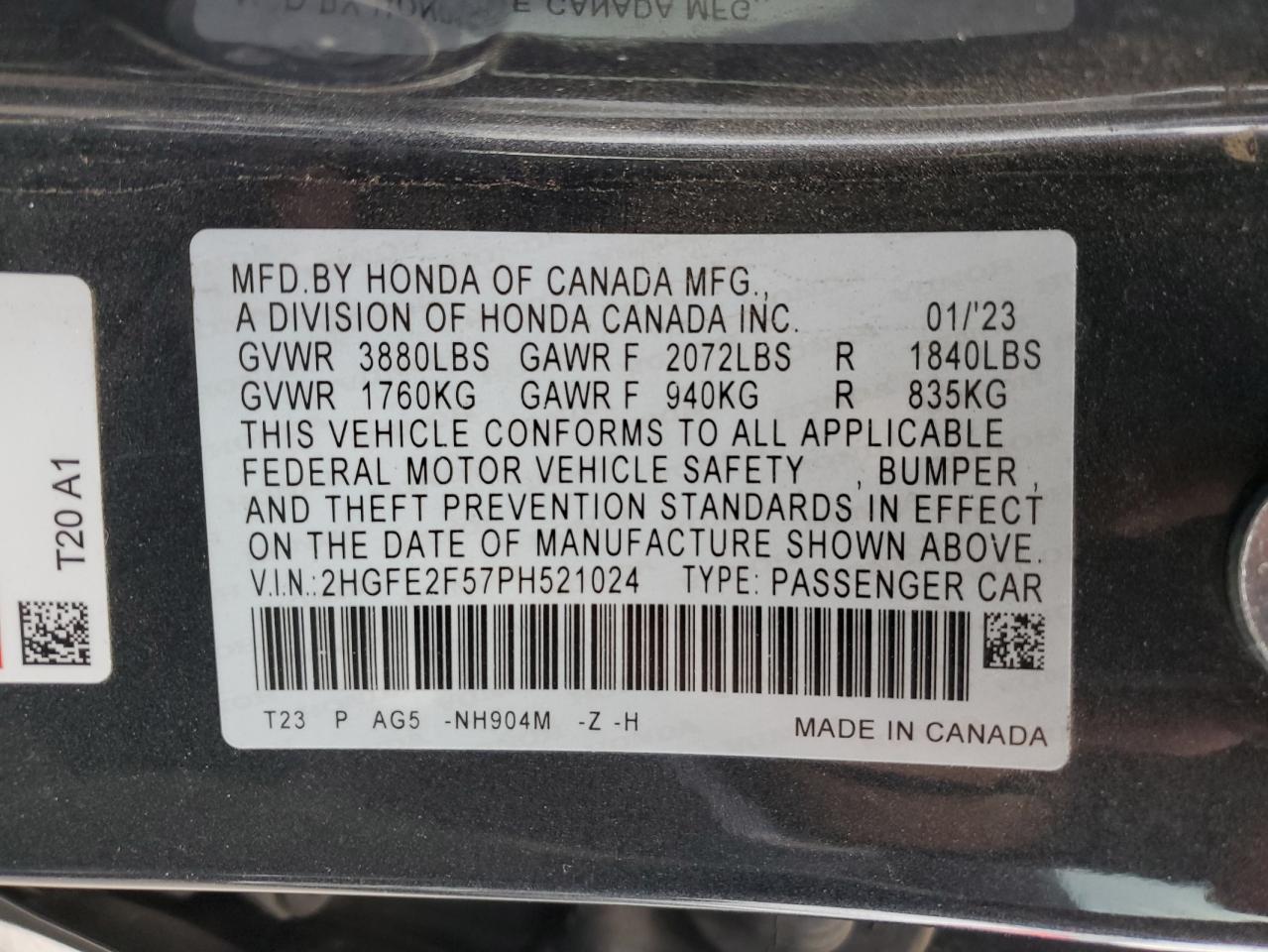 2023 HONDA CIVIC SPORT VIN:2HGFE2F57PH521024