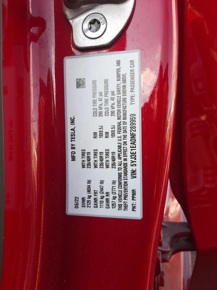 2022 TESLA MODEL 3 VIN:5YJ3E1EA0NF289959