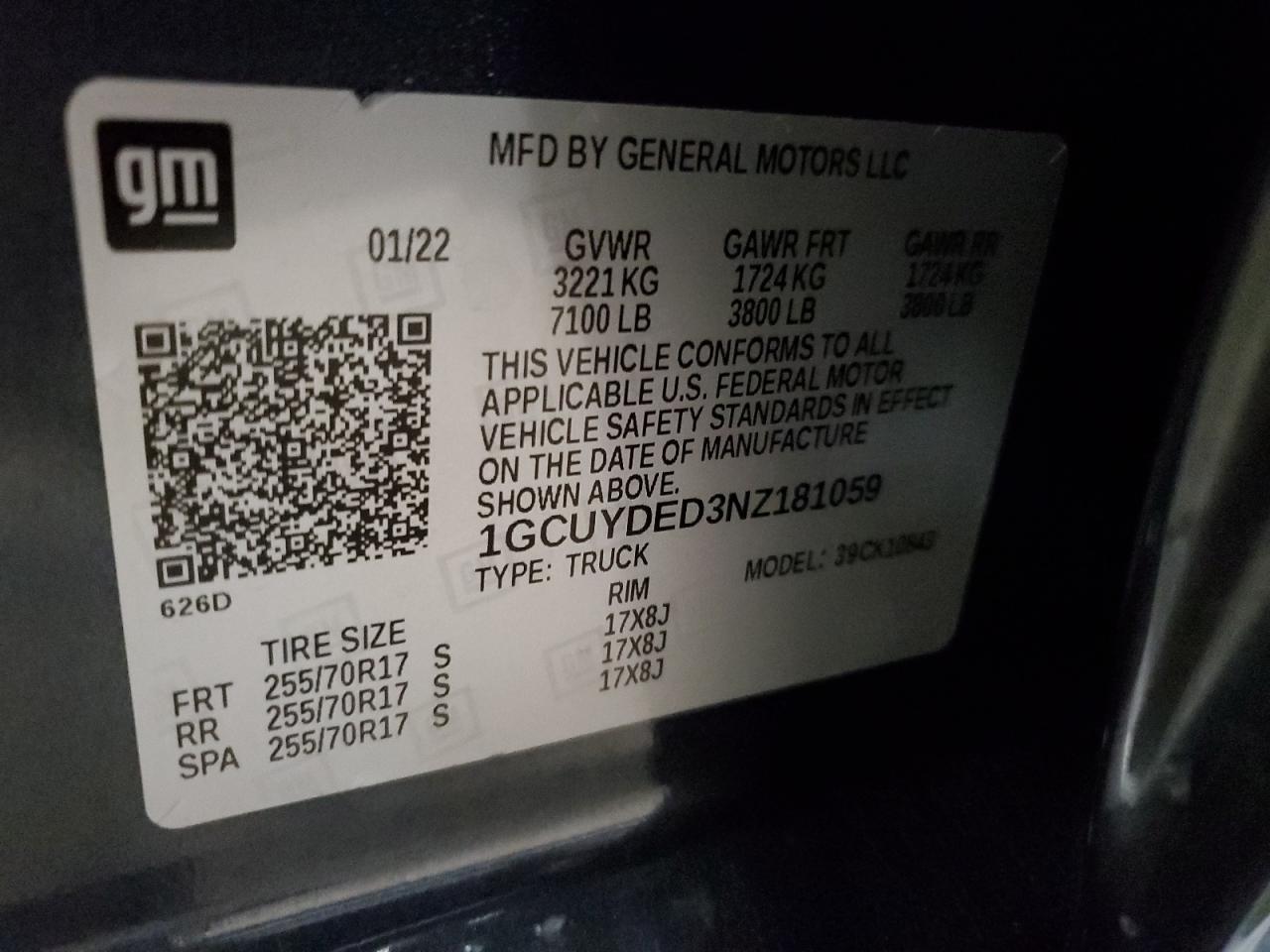 2022 CHEVROLET SILVERADO LTD K1500 LT VIN:1GCUYDED3NZ181059