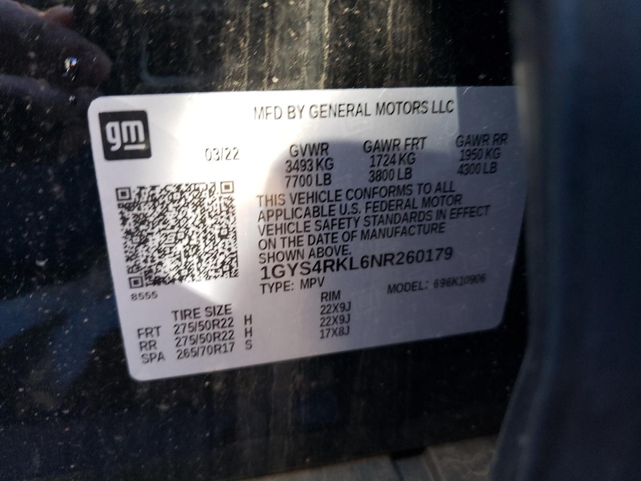 2022 CADILLAC ESCALADE ESV SPORT PLATINUM VIN:1GYS4RKL6NR260179