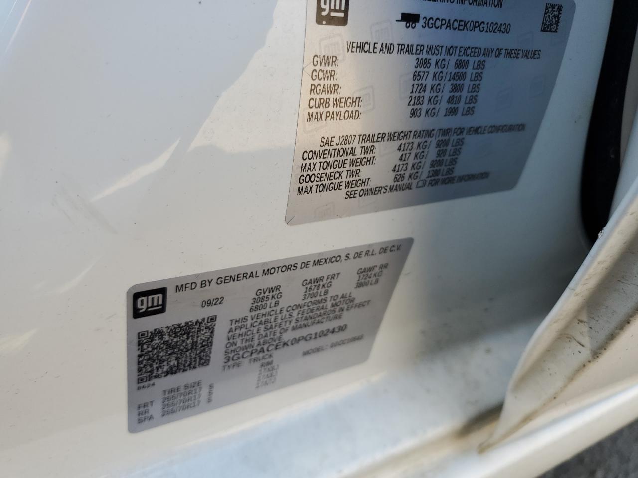 2023 CHEVROLET SILVERADO C1500 LT VIN:3GCPACEK0PG102430