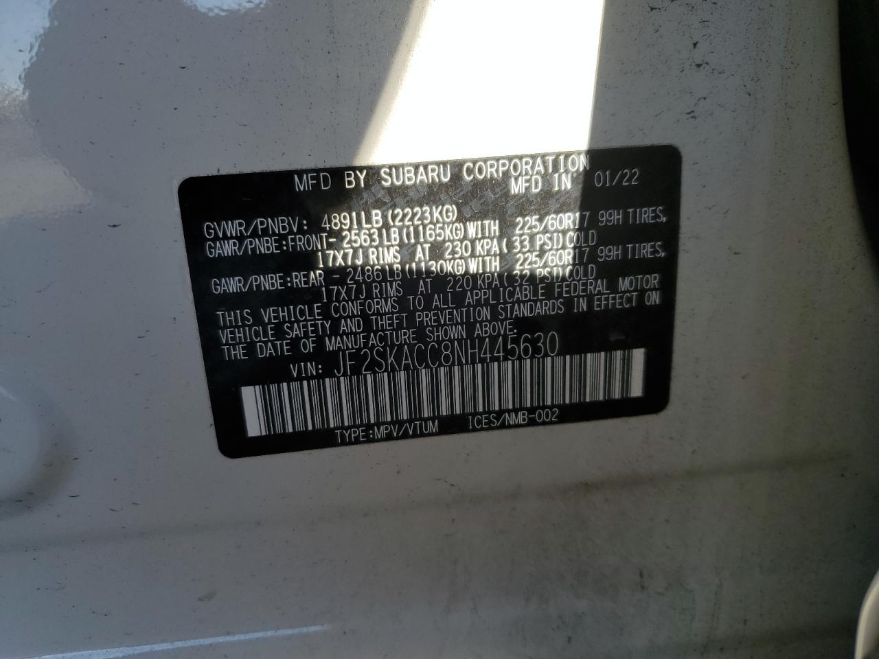 2022 SUBARU FORESTER VIN:JF2SKACC8NH445630