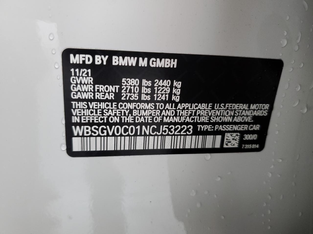 2022 BMW M8 VIN:WBSGV0C01NCJ53223