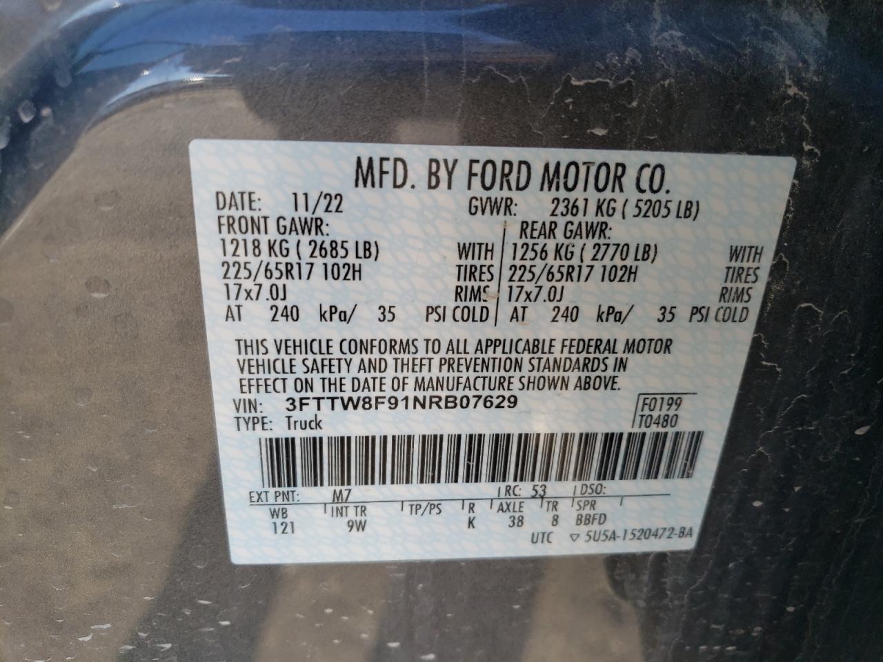 2022 FORD MAVERICK XL VIN:3FTTW8F91NRB07629