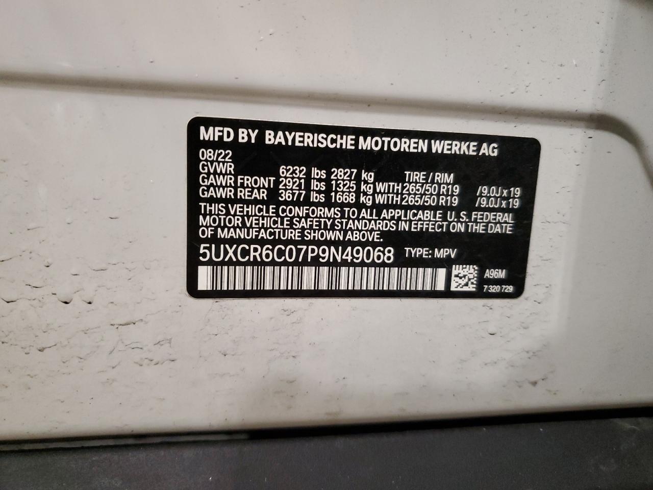 2023 BMW X5 XDRIVE40I VIN:5UXCR6C07P9N49068