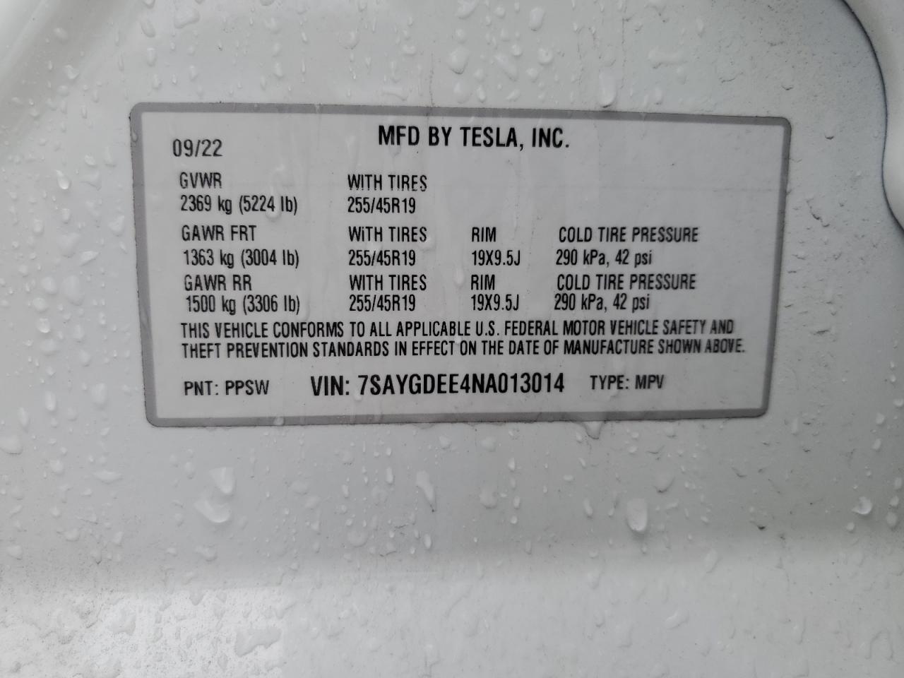 2022 TESLA MODEL Y VIN:7SAYGDEE4NA013014