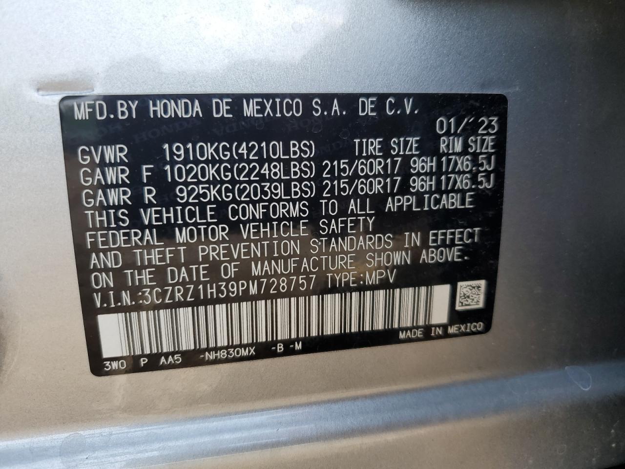 2023 HONDA HR-V LX VIN:3CZRZ1H39PM728757