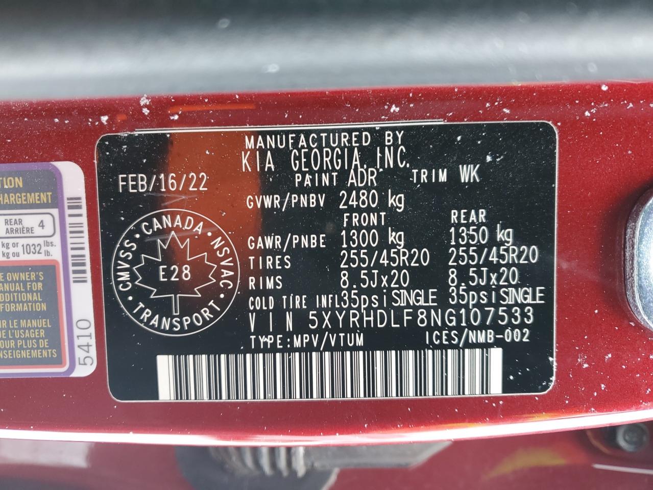 2022 KIA SORENTO EX VIN:5XYRHDLF8NG107533
