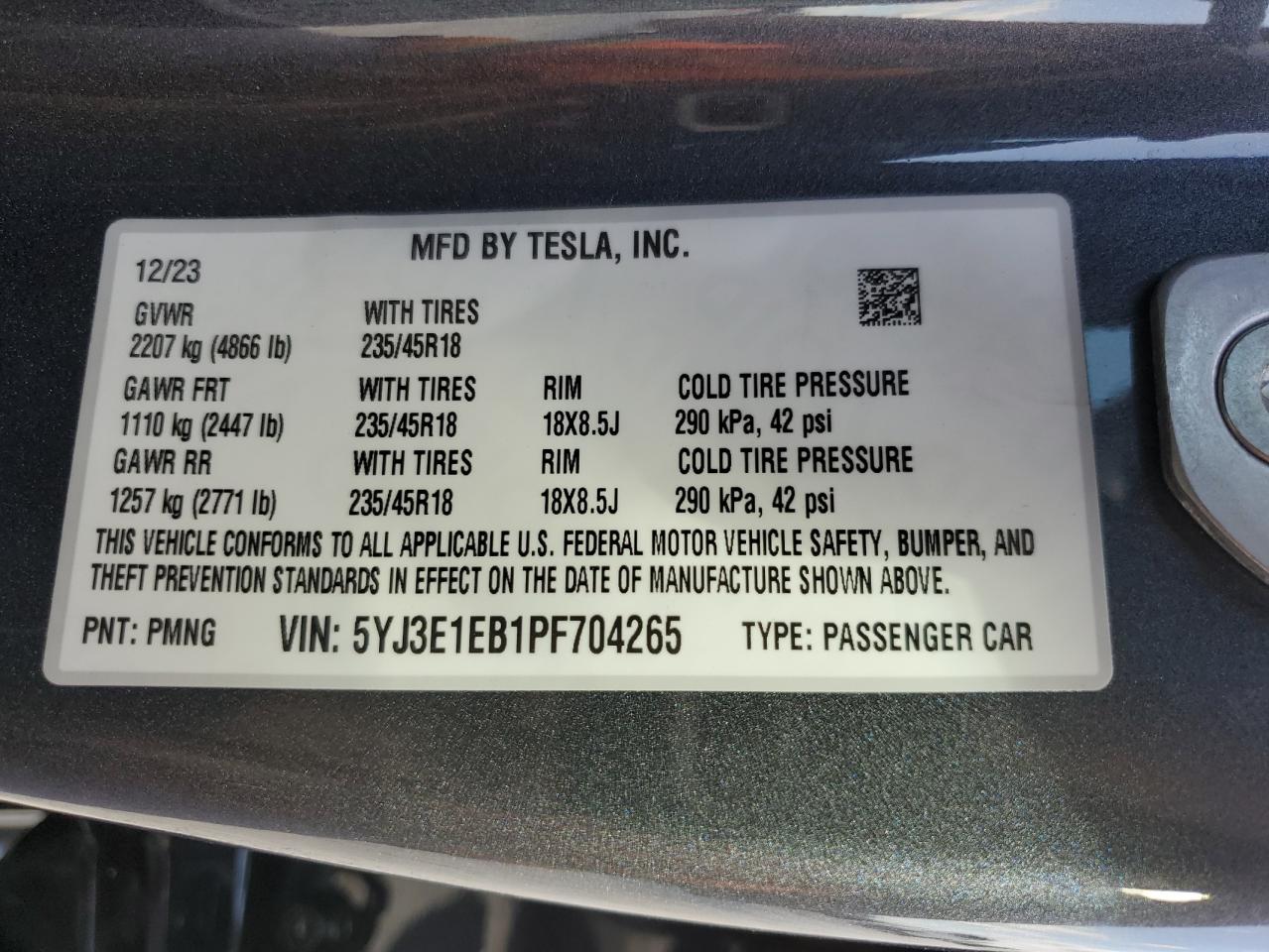 2023 TESLA MODEL 3 VIN:5YJ3E1EB1PF704265