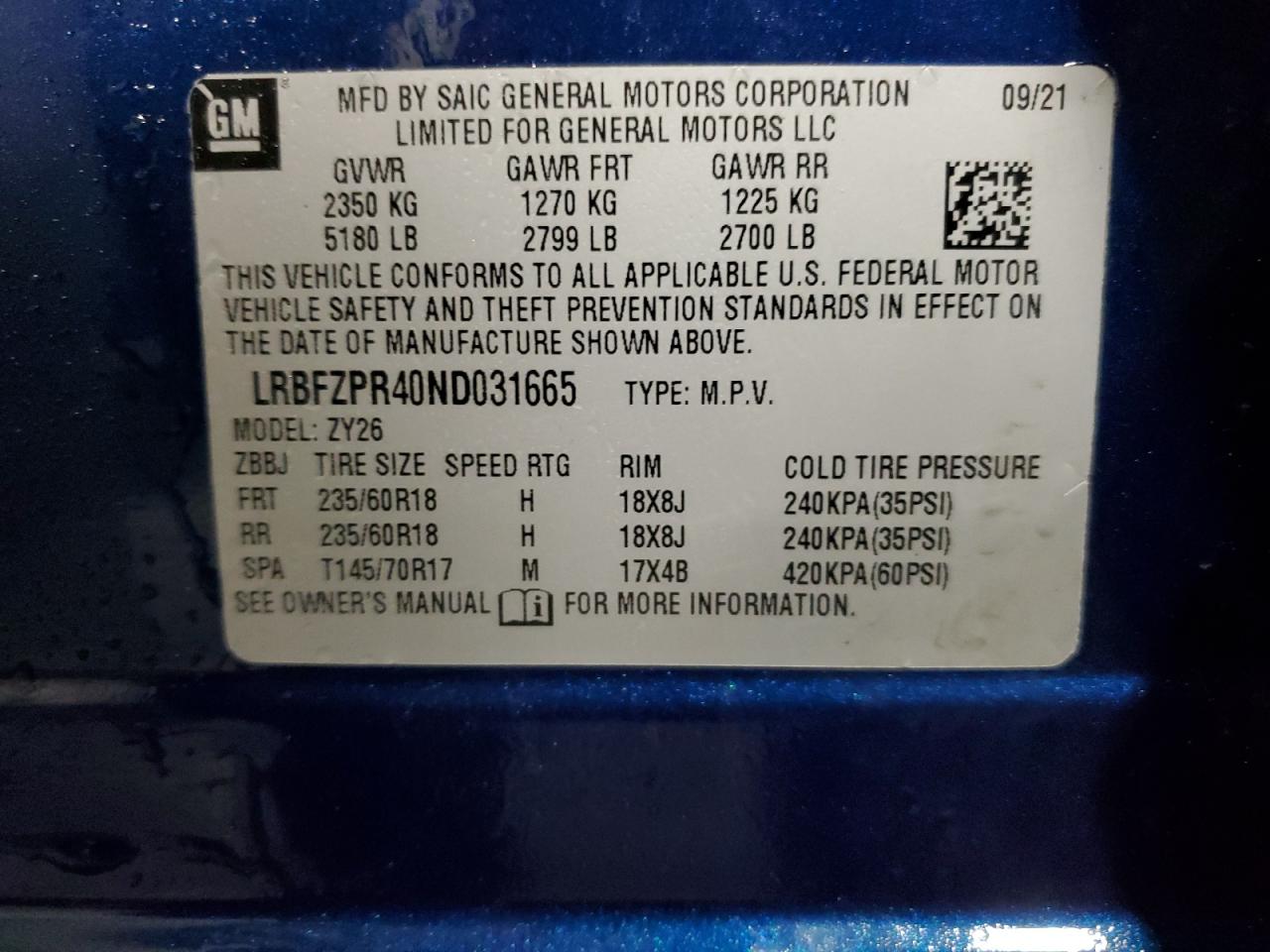 2022 BUICK ENVISION ESSENCE VIN:LRBFZPR40ND031665