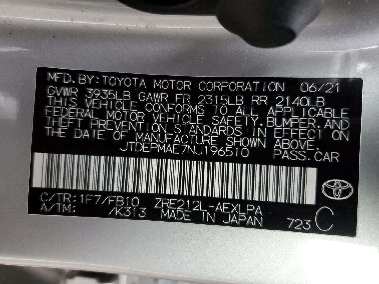 2022 TOYOTA COROLLA LE VIN:JTDEPMAE7NJ196510