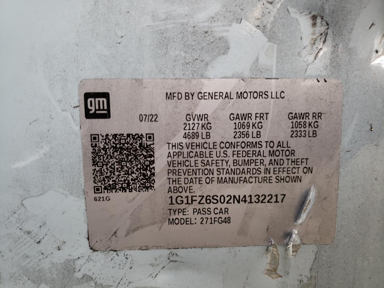 2022 CHEVROLET BOLT EUV PREMIER VIN:1G1FZ6S02N4132217