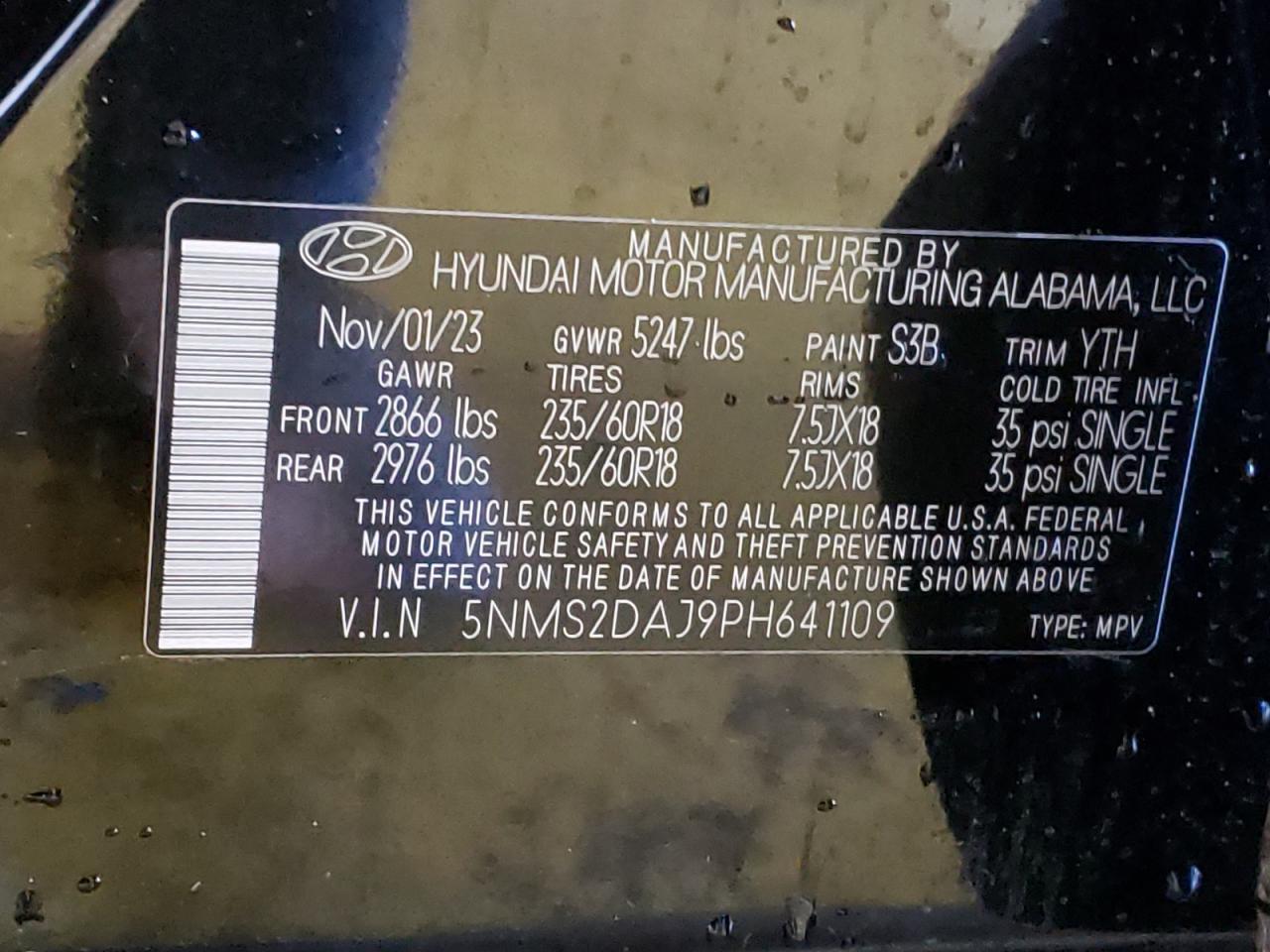 2023 HYUNDAI SANTA FE SEL VIN:5NMS2DAJ9PH641109