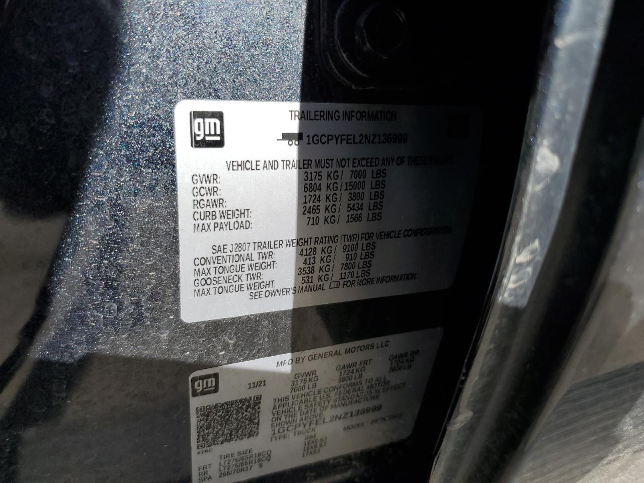 2022 CHEVROLET SILVERADO LTD K1500 LT TRAIL BOSS VIN:1GCPYFEL2NZ136999