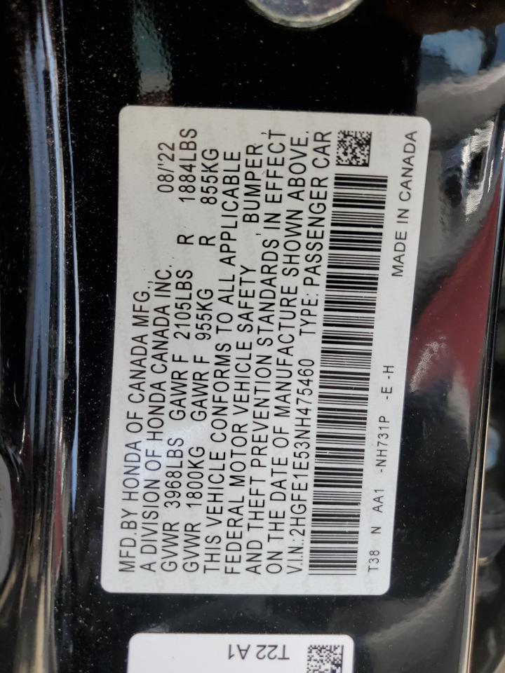 2022 HONDA CIVIC SI VIN:2HGFE1E53NH475460