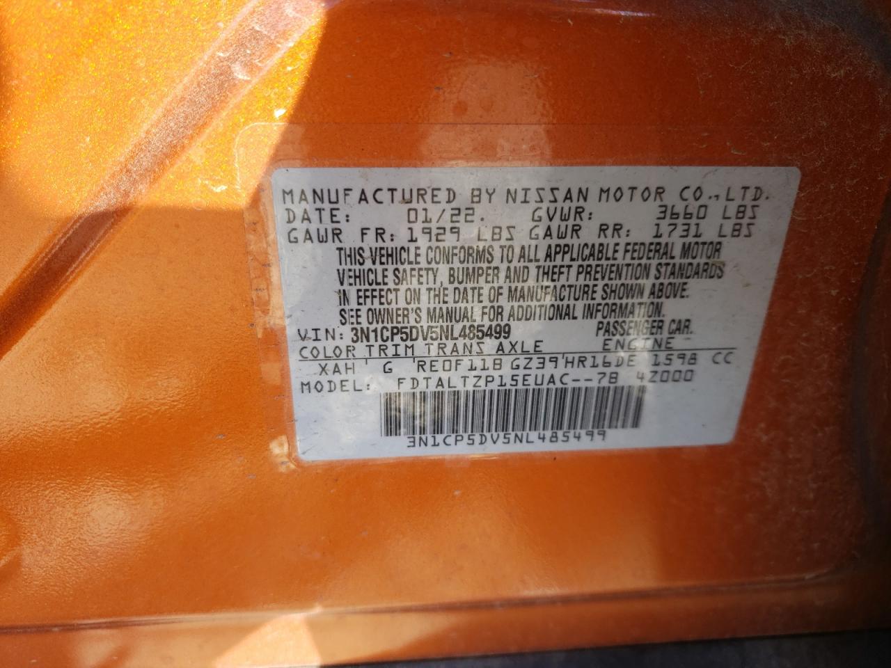 2022 NISSAN KICKS SR VIN:3N1CP5DV5NL485499