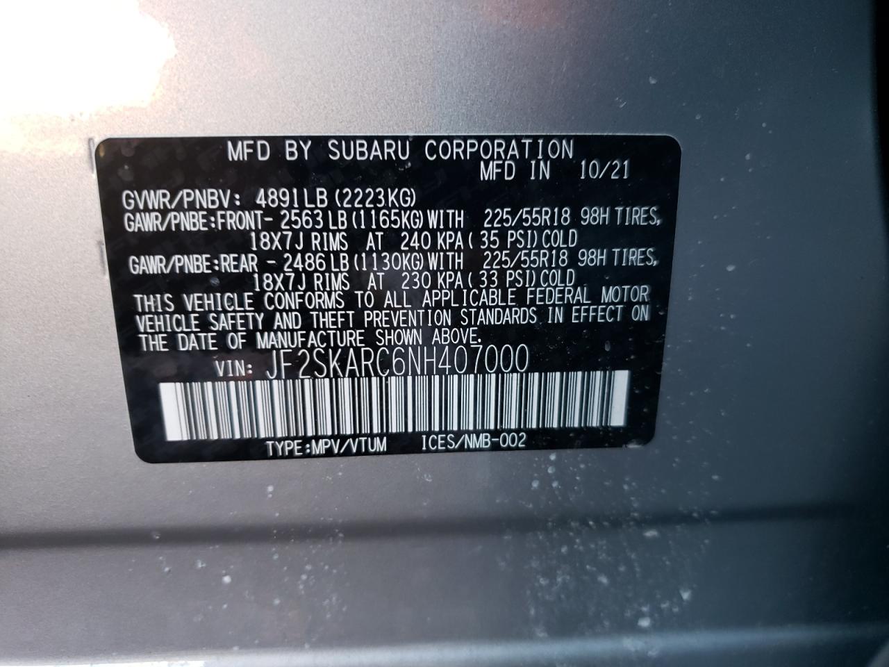 2022 SUBARU FORESTER TOURING VIN:JF2SKARC6NH407000