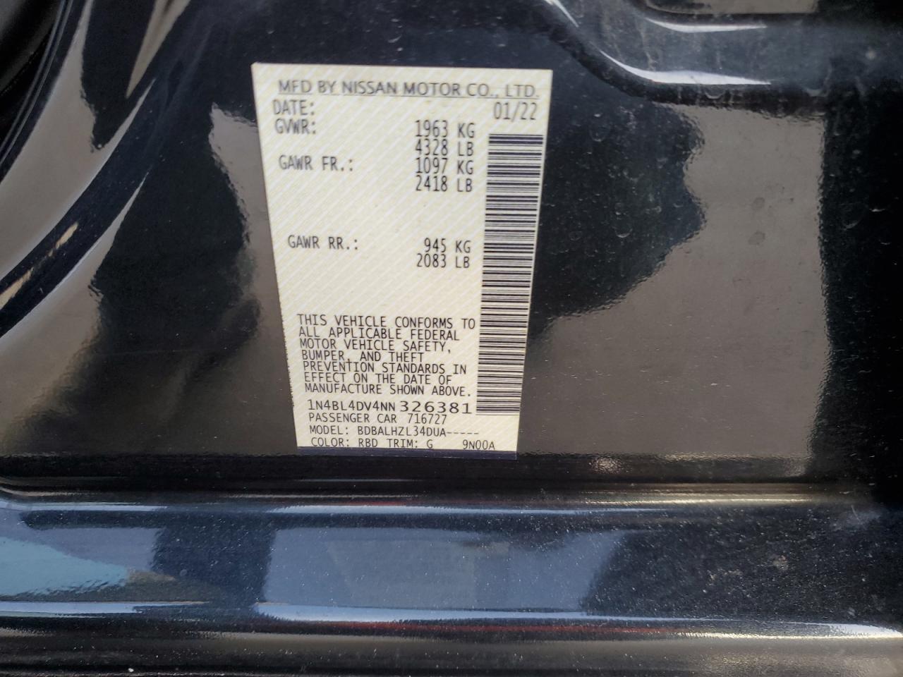 2022 NISSAN ALTIMA SV VIN:1N4BL4DV4NN326381