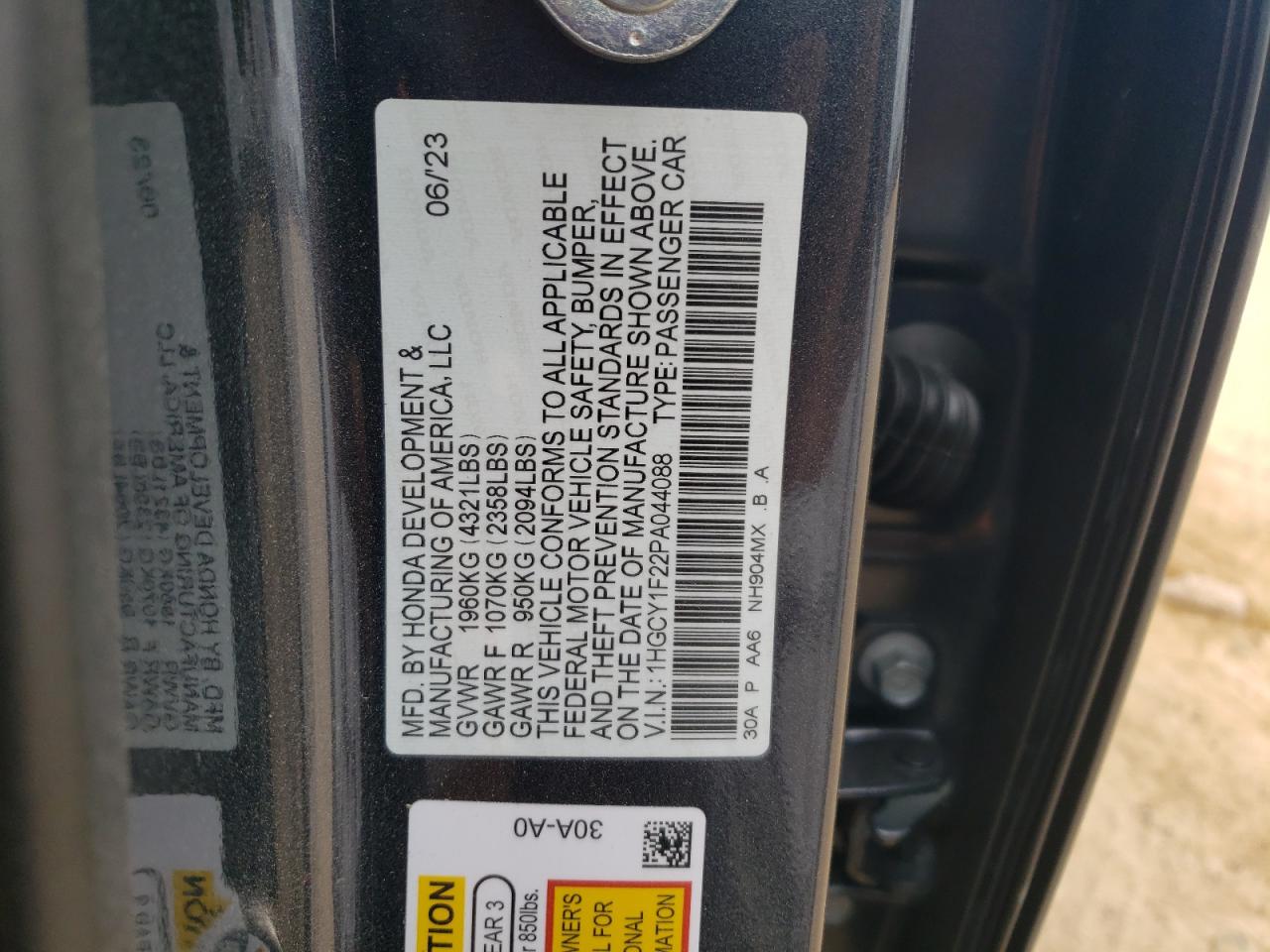 2023 HONDA ACCORD LX VIN:1HGCY1F22PA044088