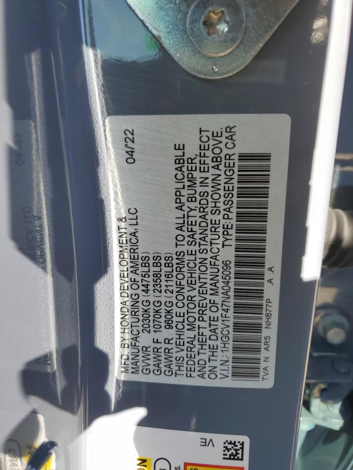 2022 HONDA ACCORD SPORT SE VIN:1HGCV1F47NA045096