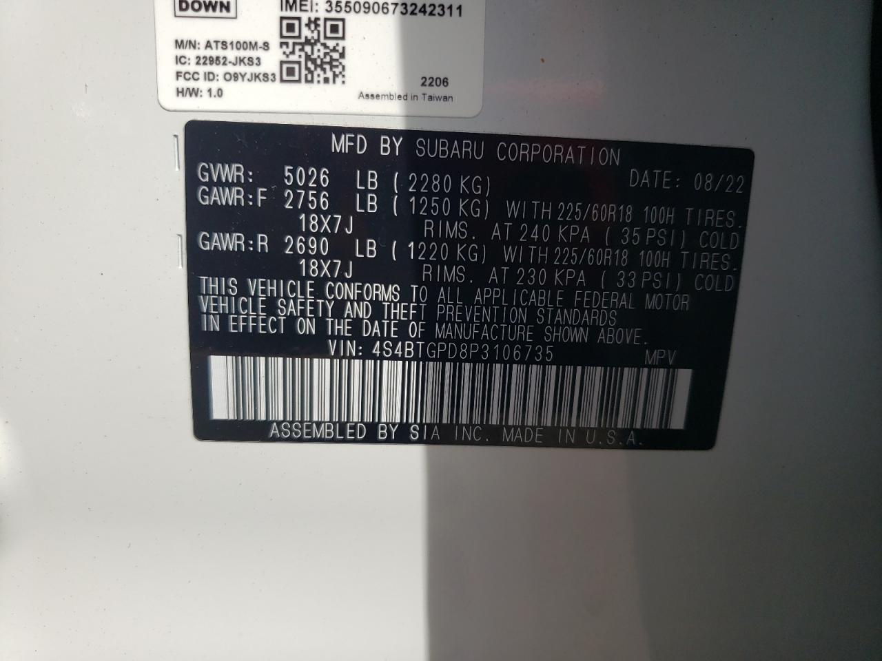 2023 SUBARU OUTBACK TOURING VIN:4S4BTGPD8P3106735