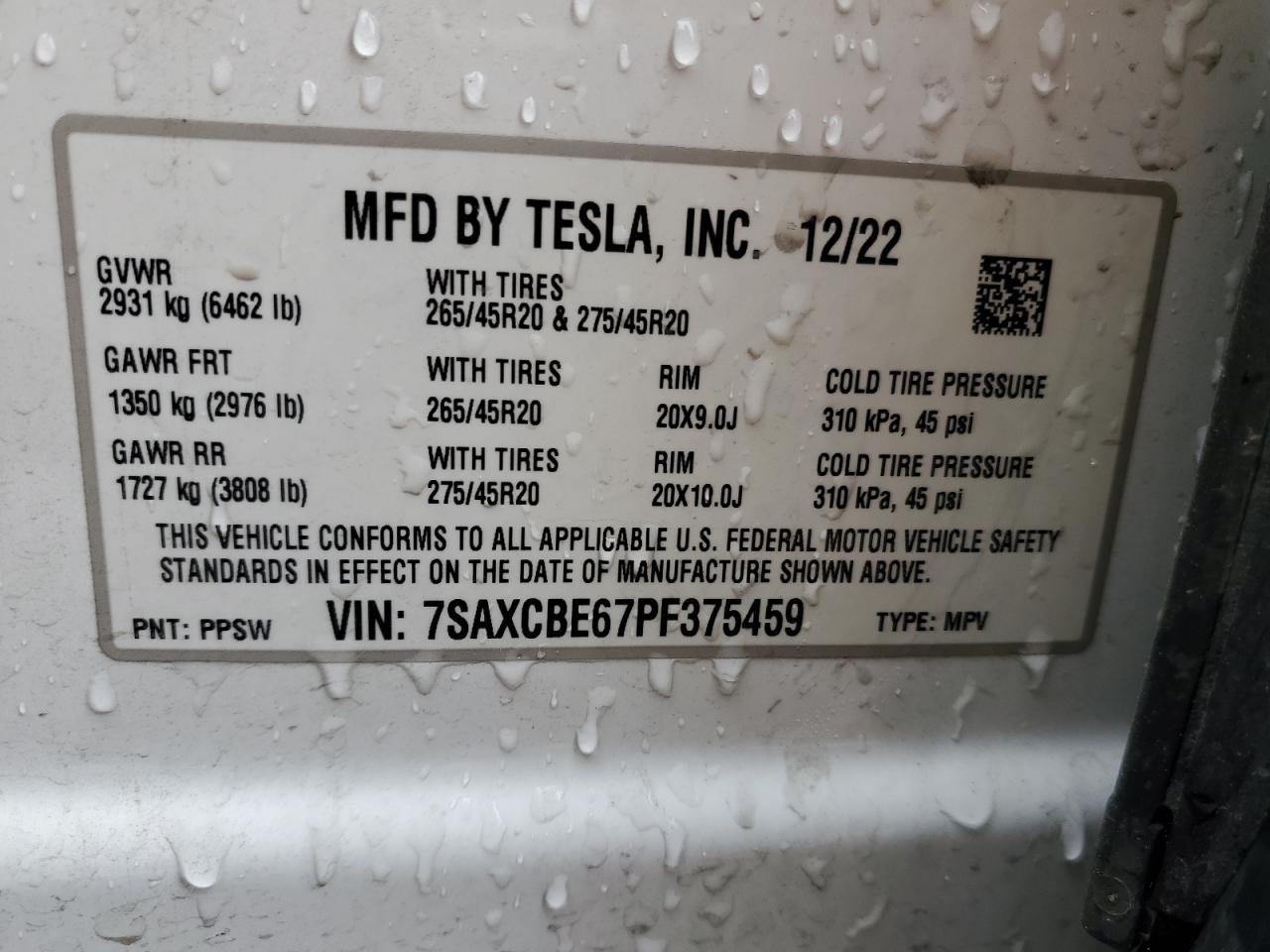 2023 TESLA MODEL X VIN:7SAXCBE67PF375459