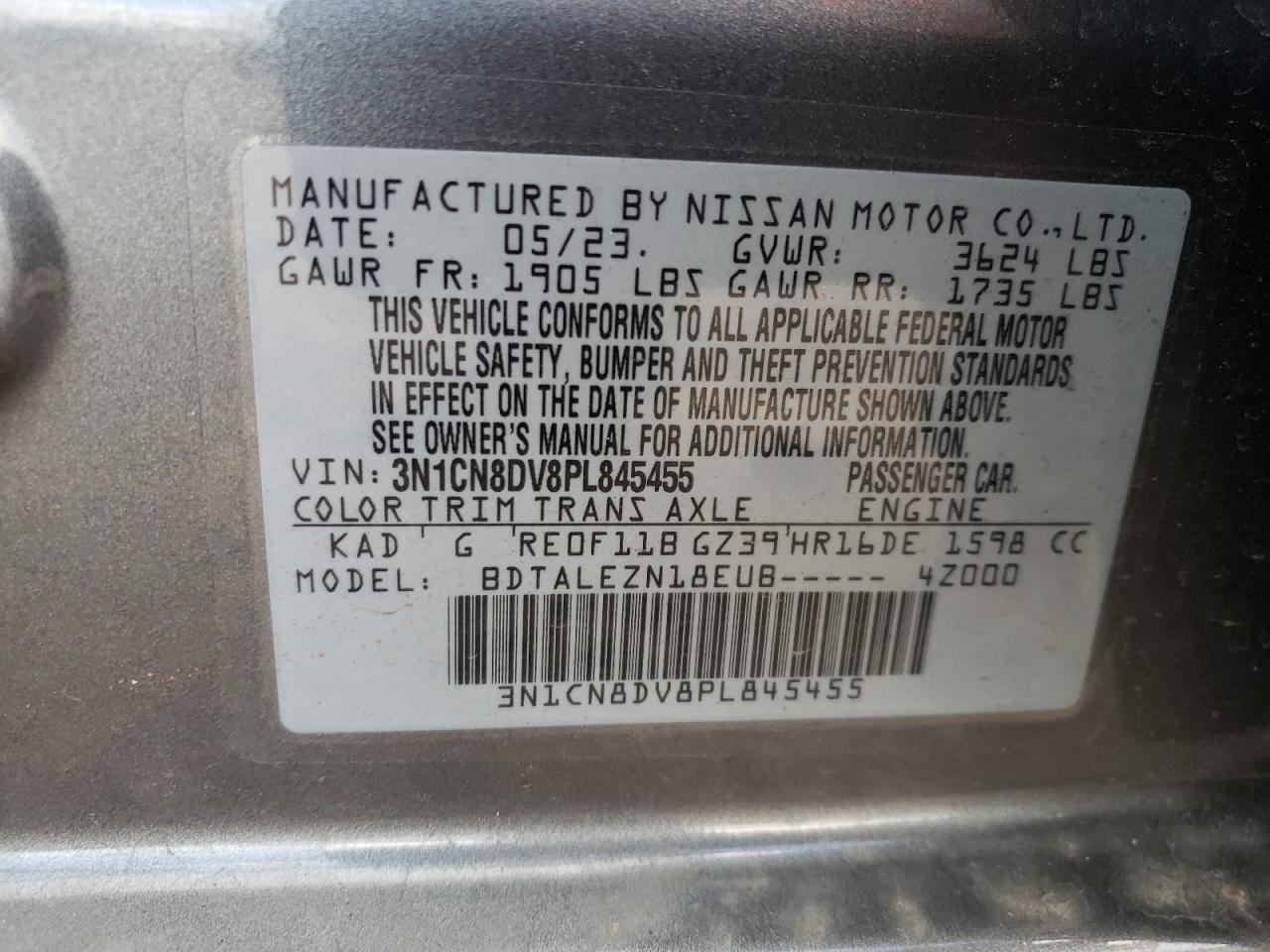 2023 NISSAN VERSA S VIN:3N1CN8DV8PL845455