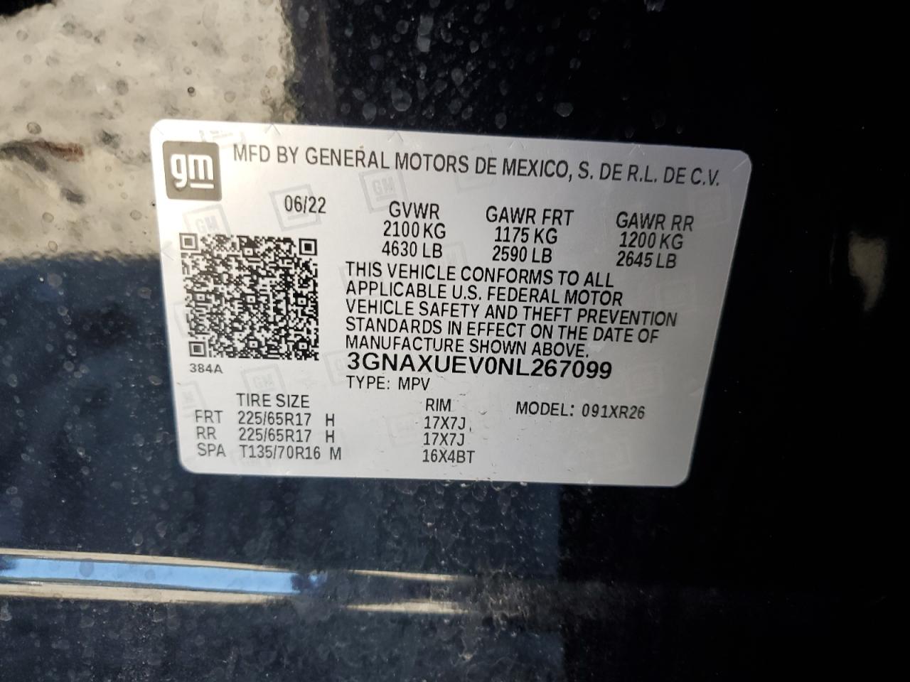 2022 CHEVROLET EQUINOX LT VIN:3GNAXUEV0NL267099