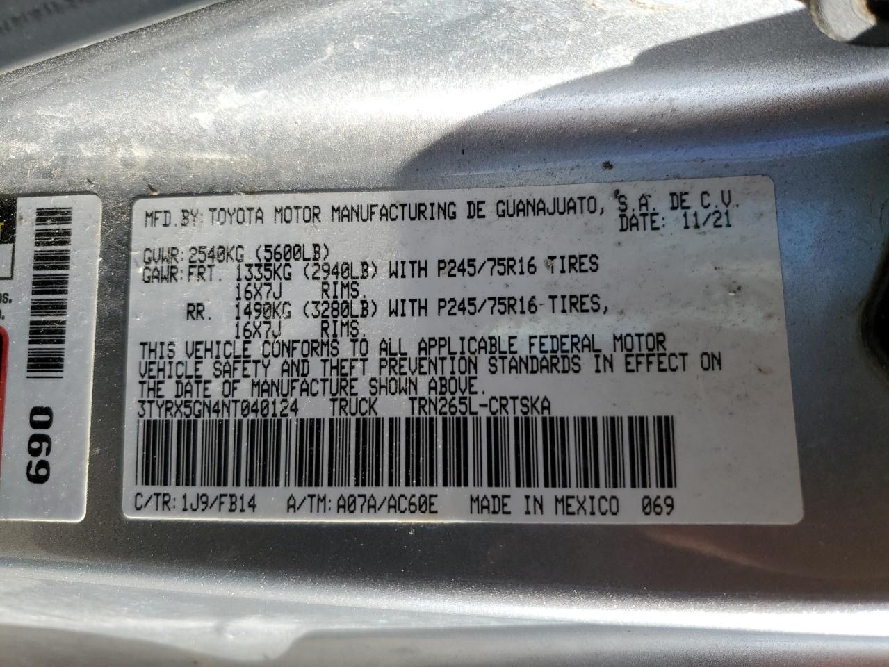 2022 TOYOTA TACOMA ACCESS CAB VIN:3TYRX5GN4NT040124