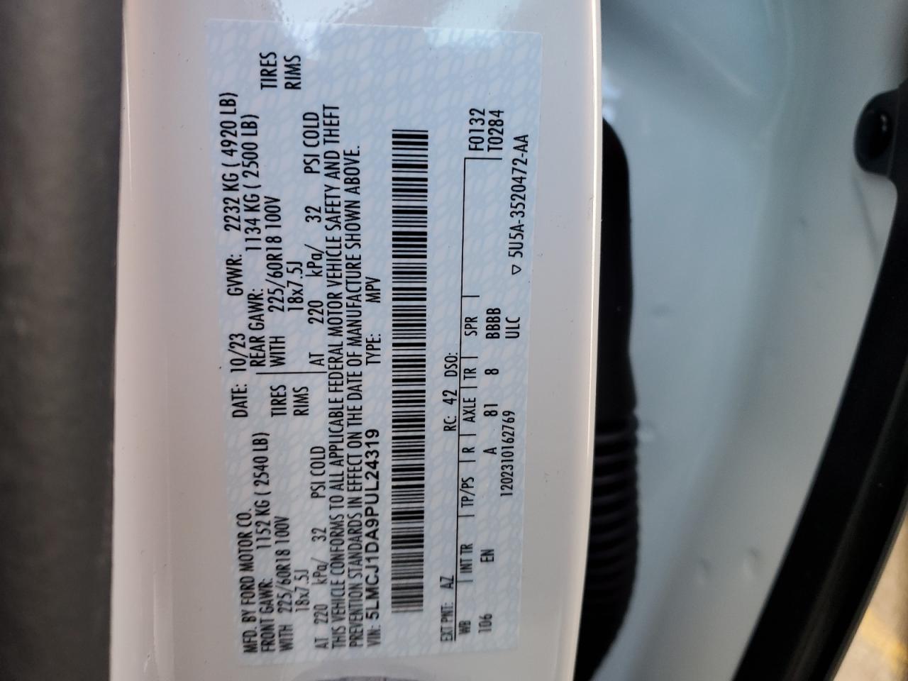 2023 LINCOLN CORSAIR VIN:5LMCJ1DA9PUL24319