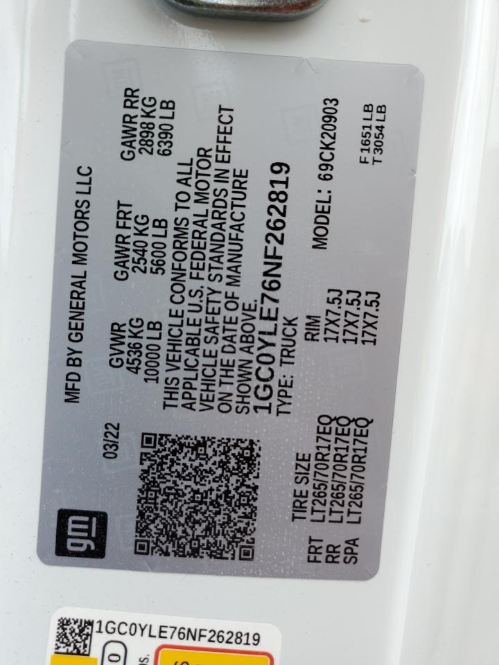 2022 CHEVROLET SILVERADO K2500 HEAVY DUTY VIN:1GC0YLE76NF262819