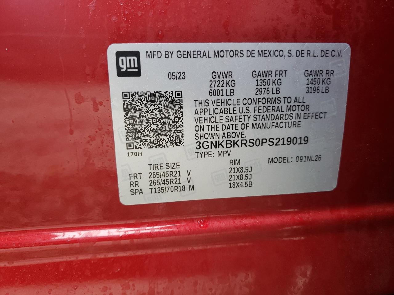 2023 CHEVROLET BLAZER RS VIN:3GNKBKRS0PS219019